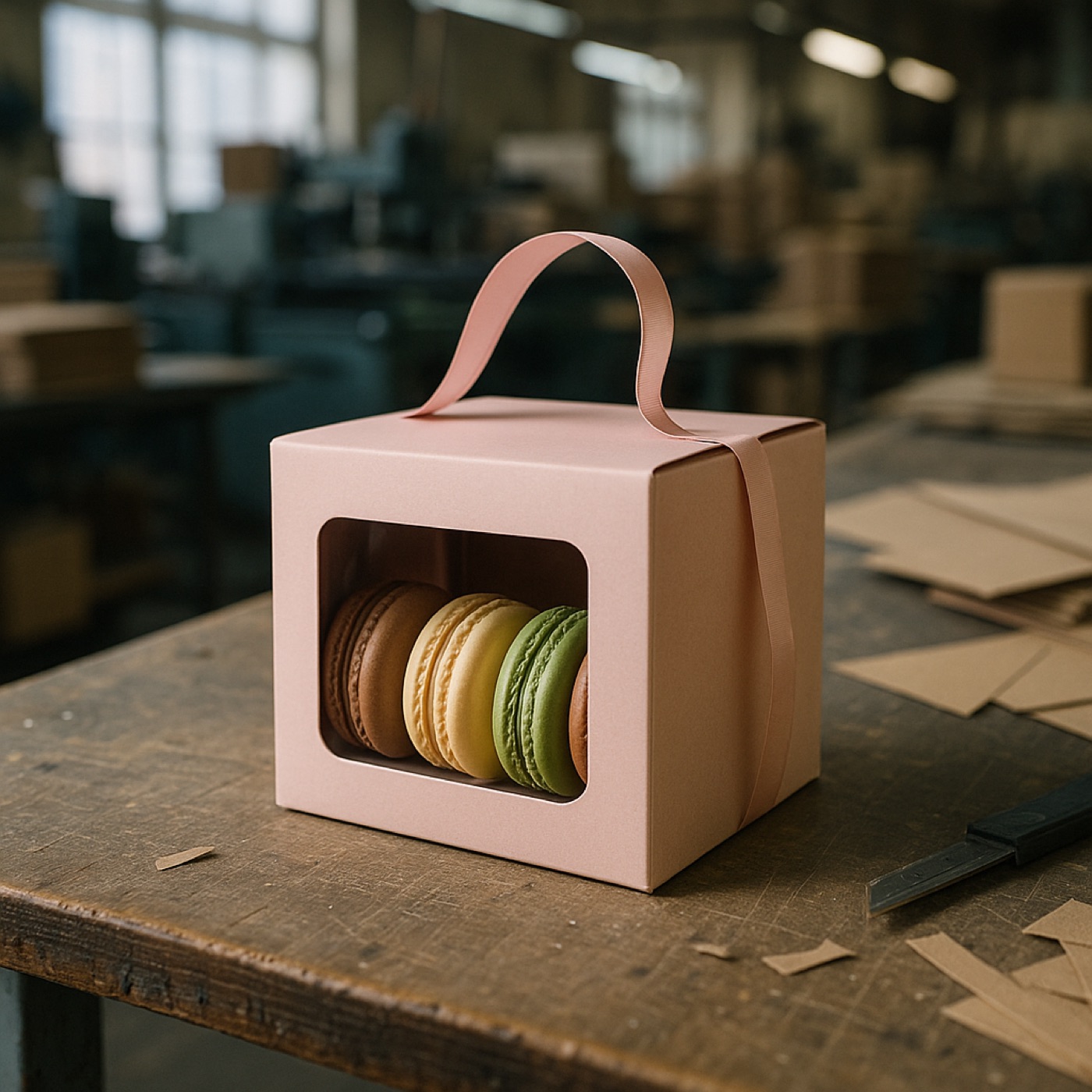 HERO · blassrosa fensterlose Kuchenbox auf der Fabrikbank, mit Bändchen, Macarons sichtbar durch das Fenster