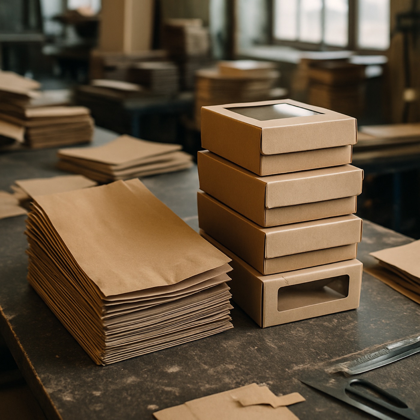 Kraft-Bäckertüten und Gebäckboxen, die auf der Verpackungslinie gestapelt sind