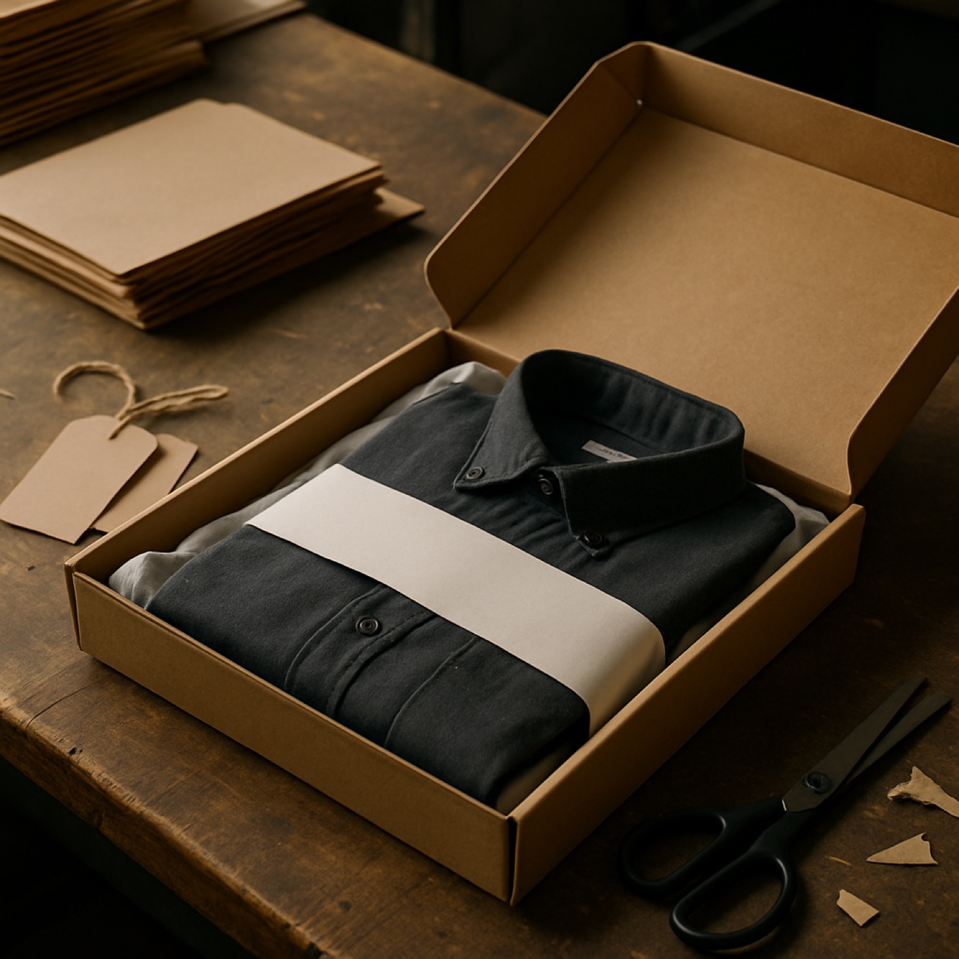 Caja de camisa de carbón plegada abierta con papel de seda y banda en la mesa de empaque