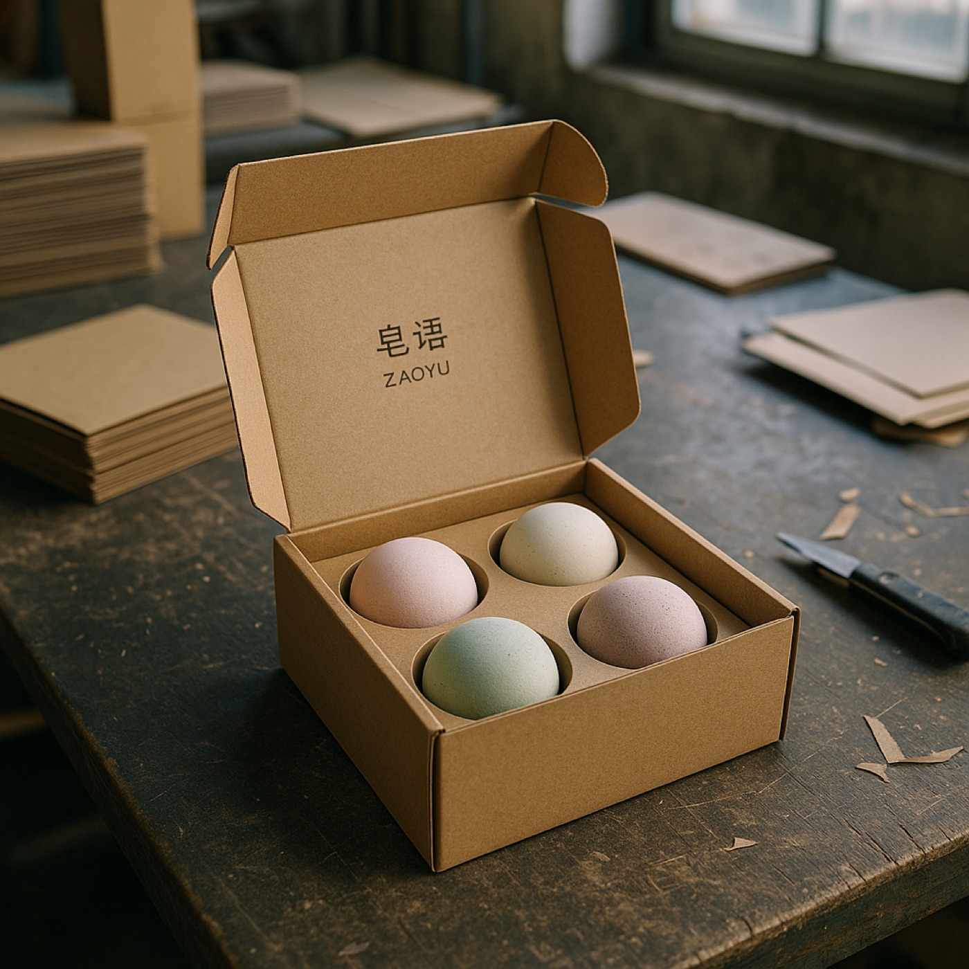 QC-Bereich mit 皂语 ZAOYU Badebombe-Geschenkboxen, die geöffnet sind und gestanzte Einsätze zeigen