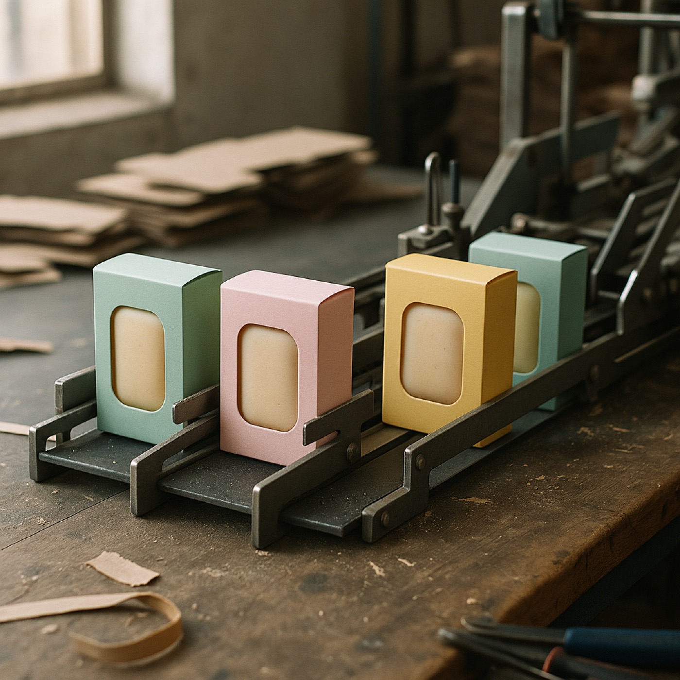 Fensterkartons mit Tuck-End in Pastellfarben auf der Falt- und Klebemaschine
