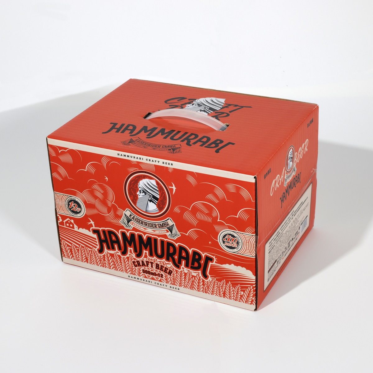 Hammurabi Craft Beer — 12-bottle corrugated carrier with die-cut handle, full-coverage flexo print