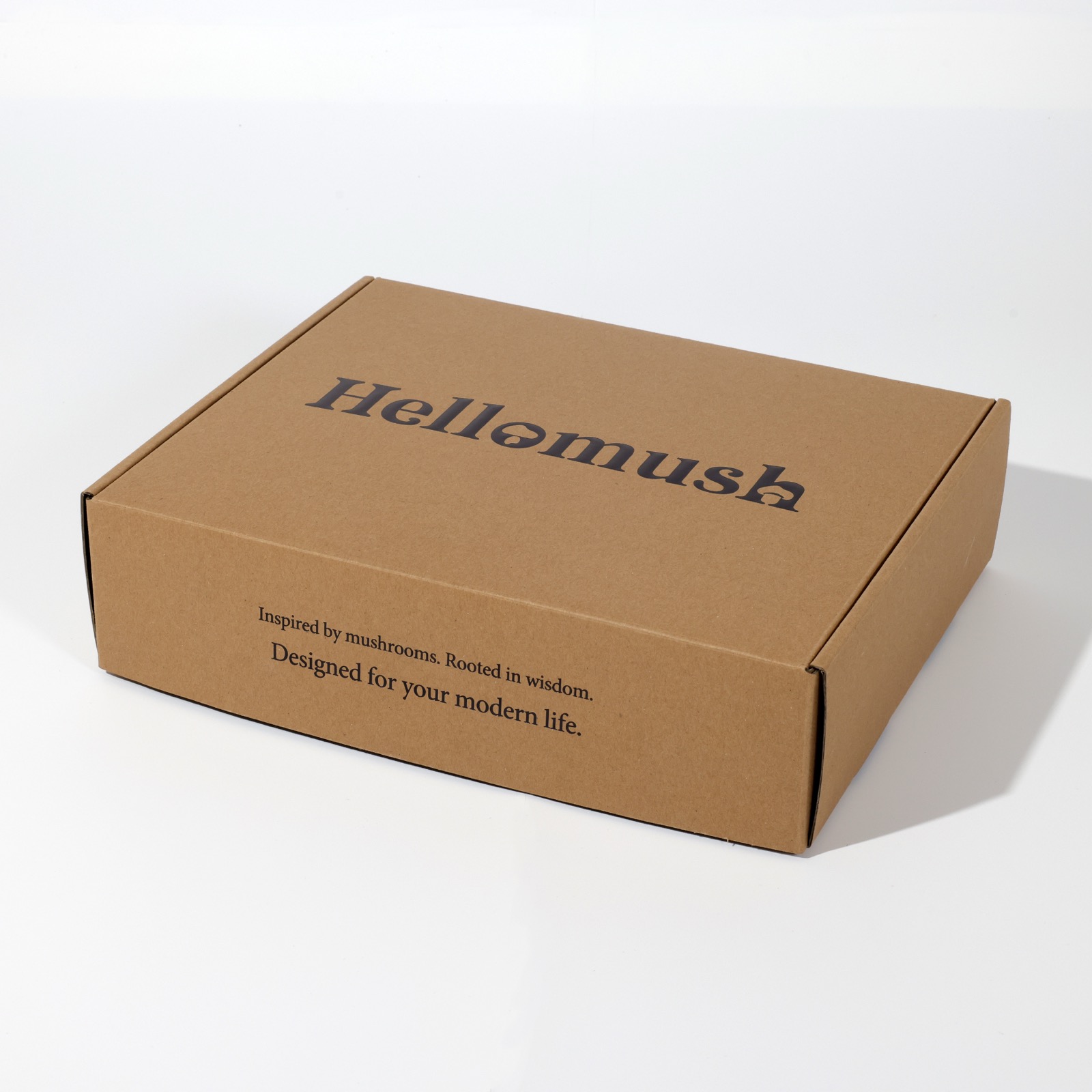 Hellomush — natural kraft corrugated mailer box with one-color black print