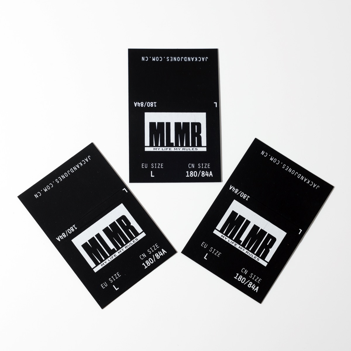 MLMR by Jack & Jones — black garment size tags with white block print, EU and CN sizing